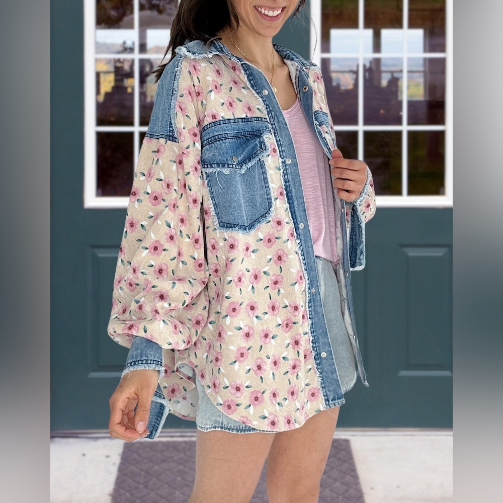 Bibi Rustic Romance floral denim chambray button up - Picture 4 of 8